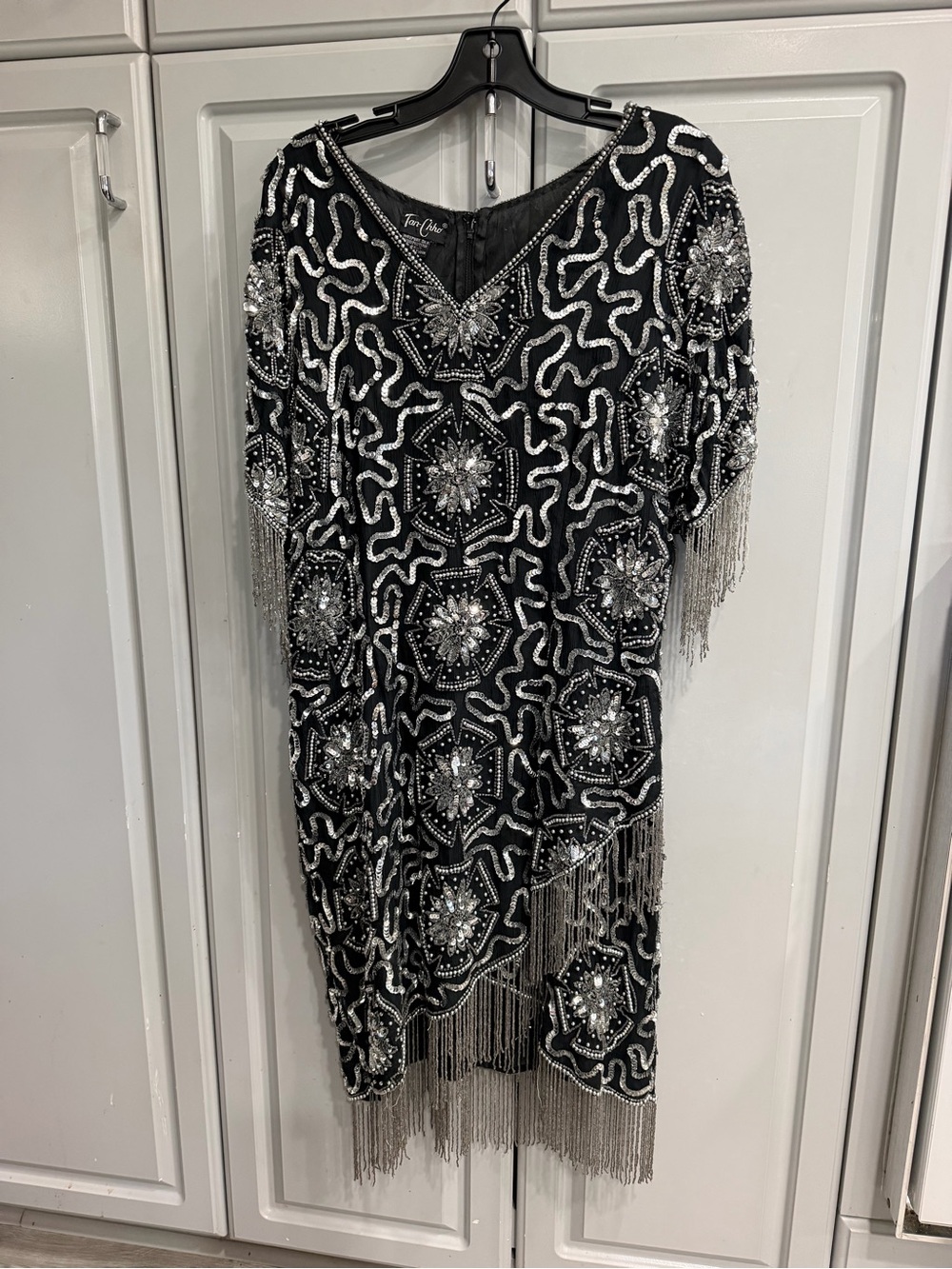 TAN CHHO 100% Silk Vintage Beaded Fringe Evening Dress - Black & Silver, Sz 1X